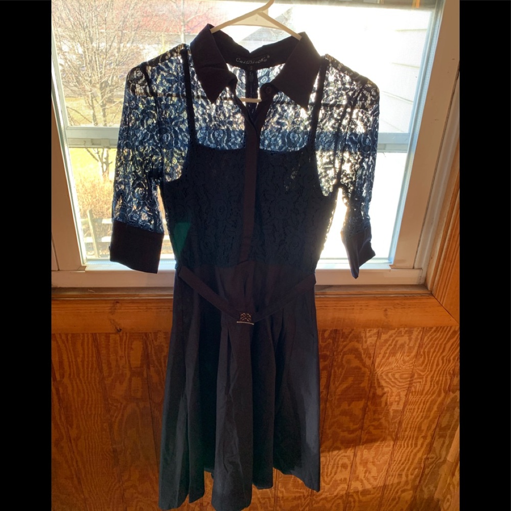Cai DeNu Blue Sheer Lace Top Dress w front belt